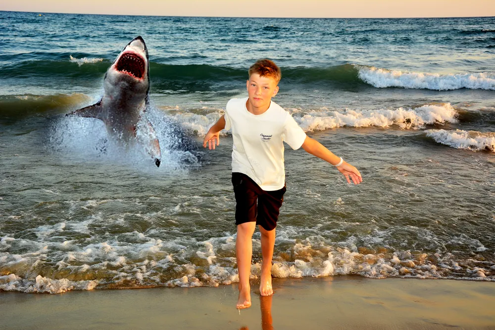 Kreative Montage: Junge rennt vor springendem Hai