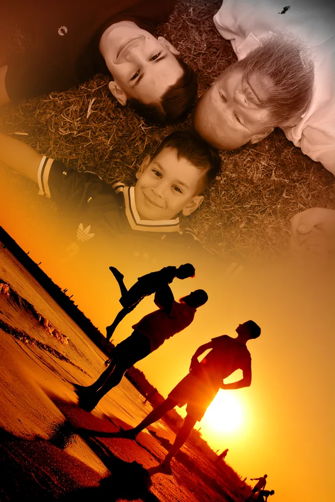 Montage: Familie im Gras über Silhouette im Sonnenuntergang